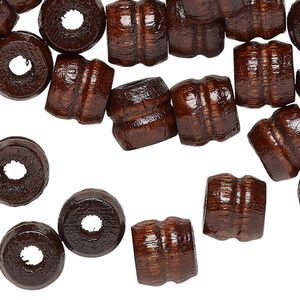 Bead, wood (dyed/waxed), walnut brown, 11x9mm ribbed barrel. Sold per pkg of 100.