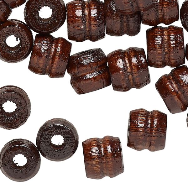 Bead, wood (dyed/waxed), walnut brown, 11x9mm ribbed barrel. Sold per pkg of 100. image number 0