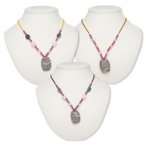 Multi-gemstone / acrylic / glass 1pkg3, barrel necklace mix continuous loop 20 inch 38x28mm-39x29mm