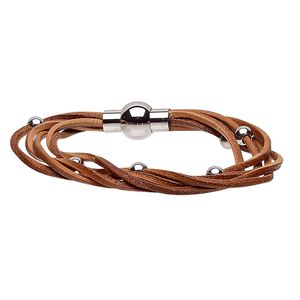 Bracelet, 5-strand, leather (dyed) and stainless steel, natural, 8mm wide twisted with 5mm round, 6-1/2 inches with magnetic clasp. Sold individually.