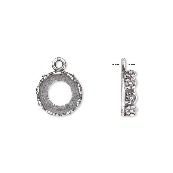 Drop, JBB Findings, antique silver-plated brass, 12mm round with open back and flower design trim, 10mm round bezel setting. Sold per pkg of 2. image number 0