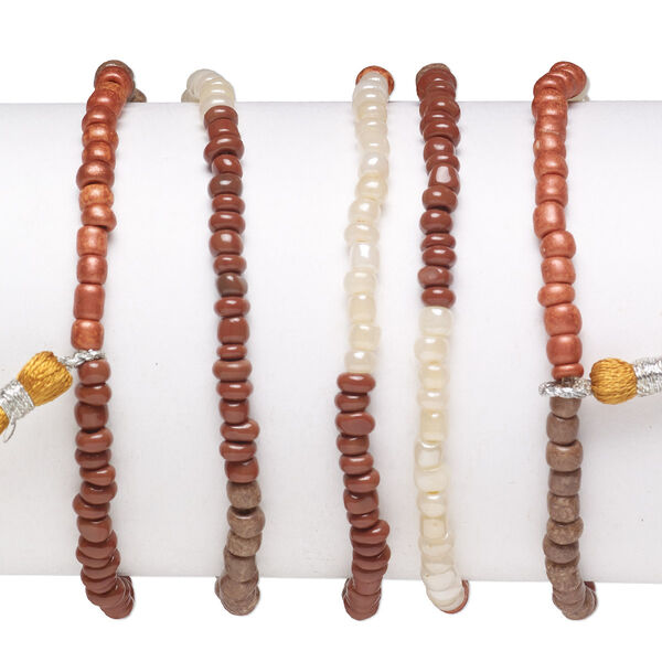 Bracelet mix, stretch, glass, copper / brown / multicolored, #6 round with 45mm tassel, 7-1/2 inches. Sold per pkg of 5. image number 0