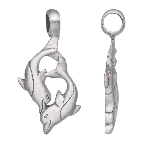 Pendant, antiqued pewter (tin-based alloy), 48x24mm single-sided dolphins. Sold individually. image number 0