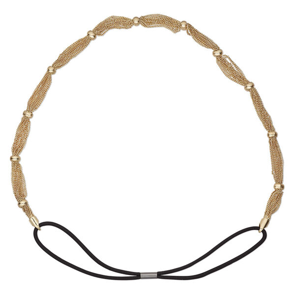 Headband, 10-strand stretch, nylon / rubber / gold-finished brass, black, 6mm wide, 20 inches. Sold individually. image number 0