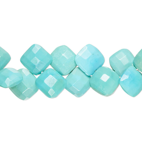 Bead, blue-green turquoise (dyed / stabilized), 8-10mm hand-cut top-drilled checkerboard-faceted puffed diamond, B grade, Mohs hardness 5 to 6. Sold per 8-inch strand, approximately 45 beads. image number 0