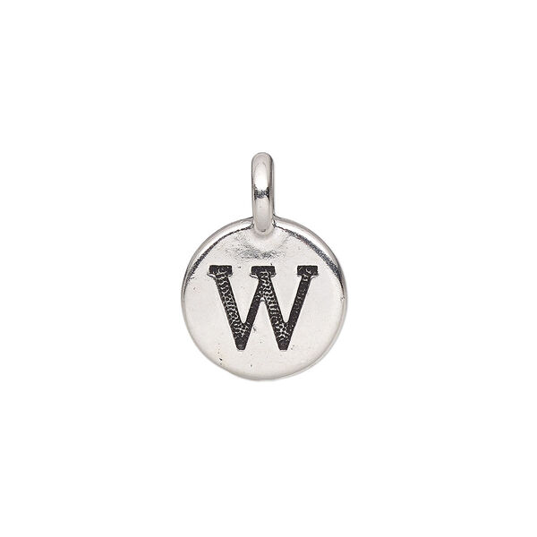 Drop, TierraCast®, antique silver-plated pewter (tin-based alloy), 11.5mm single-sided round with textured alphabet letter "W." Sold per pkg of 2. image number 0