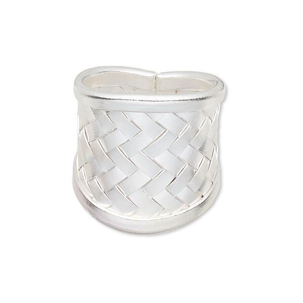 Ring, silver-plated copper, 25mm wide with woven design, adjustable. Sold individually. image number 0