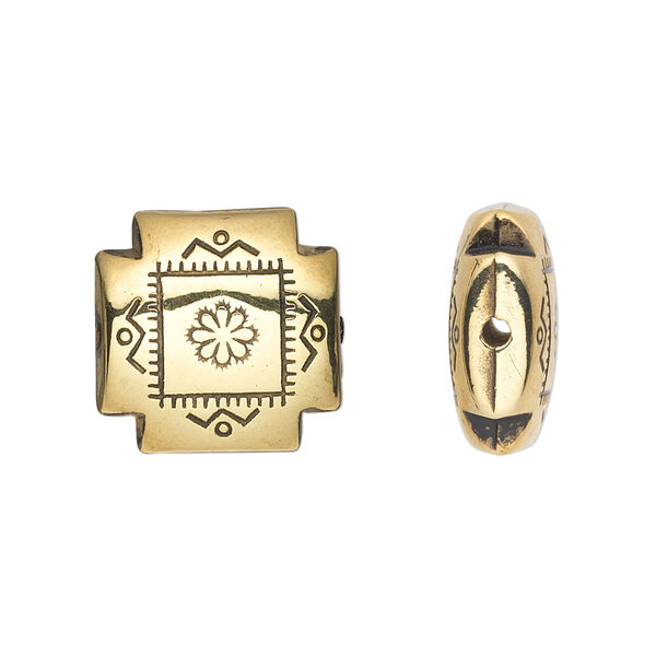 Bead, antiqued gold-finished copper-coated plastic, 17mm fancy flat square. Sold per 50-gram pkg, approximately 30 beads. image number 0