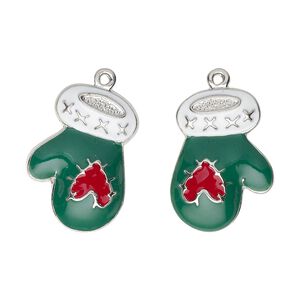Charm, imitation rhodium-plated "pewter" (zinc-based alloy) and enamel, green / white / red, 21x15mm left- and right-facing single-sided mitten with heart. Sold per pair.