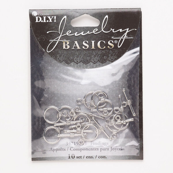 Clasp, toggle, brass, pkg/10, 12mm round, antique silver finish. image number 0