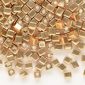 Seed bead, Miyuki 1pkg10g, glass, 3.5-3.7mm square, opaque metallic gold (SB-1053)