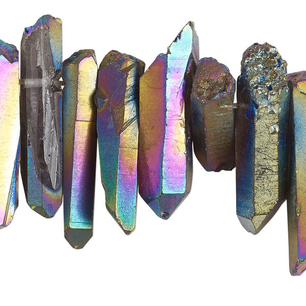 Bead, electroplated crystal quartz (coated), peacock purple, 15x4mm-35x8mm hand-cut top-drilled natural point, B grade, Mohs hardness 7. Sold per 4-inch strand, approximately 15 beads. image number 0