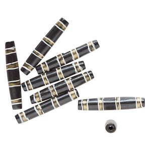 Bead, bone (dyed), black / white / gold, 36x7mm-35x6mm hand-painted tube with line design. Sold per pkg of 8.
