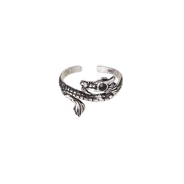 Toe ring, Create Compliments®, antiqued sterling silver and crystal, black, 10.5mm wide with dragon design, adjustable. Sold individually. image number 0