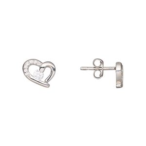 Earstud, Create Compliments®, rhodium-plated sterling silver and cubic zirconia, clear, 10x8.5mm heart. Sold per pair.