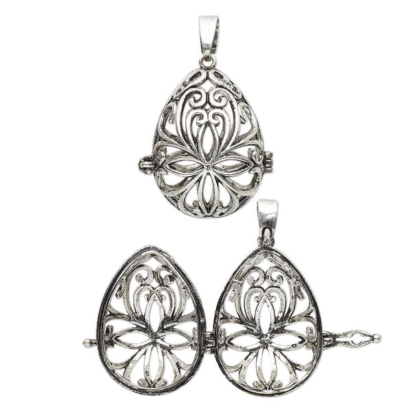 Focal, antique silver-finished brass, 30.5x22mm teardrop bead cage with cutout fancy design and safety latch, fits up to 18mm bead. Sold individually. image number 0