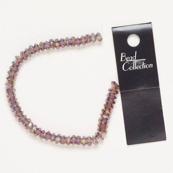 Bead, glass, pkg/7 inches, 6x3mm faceted rondelle, translucent amethyst AB. image number 0