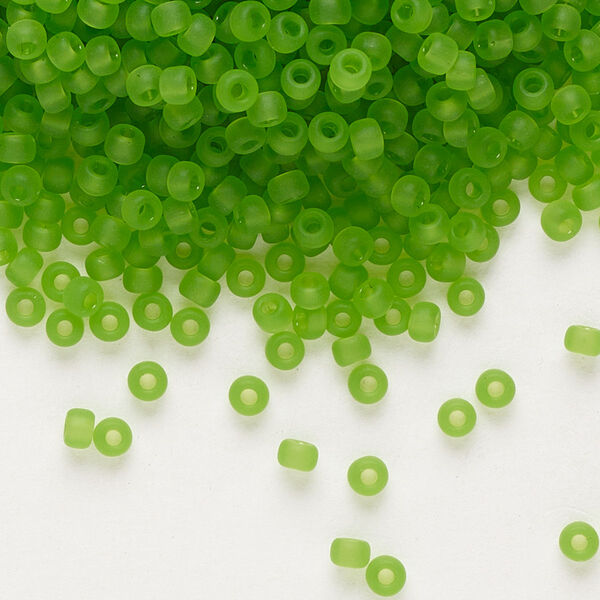 Seed bead, Miyuki, glass, pkg/50g, #8 rocaille, translucent matte lime, (RR-144F). image number 0