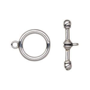 Clasp, toggle, enamel and stainless steel, black, 16mm round. Sold per pkg of 10.