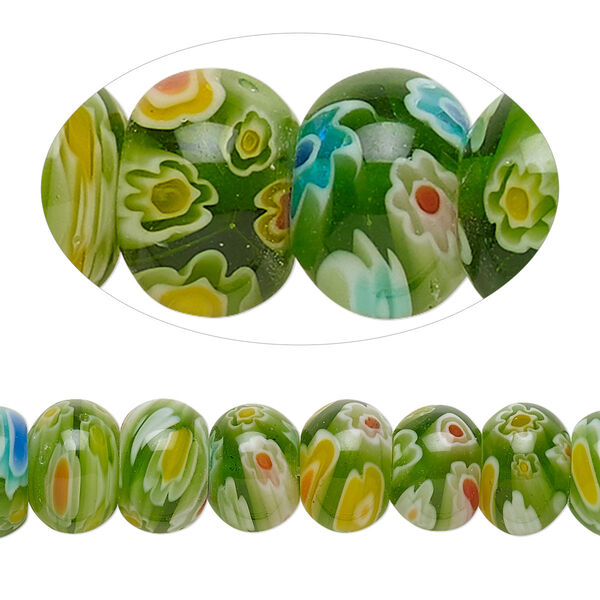 Bead, millefiori glass, translucent multicolored, 10x7mm rondelle with 0.6-0.8mm hole. Sold per 15-inch strand. image number 0
