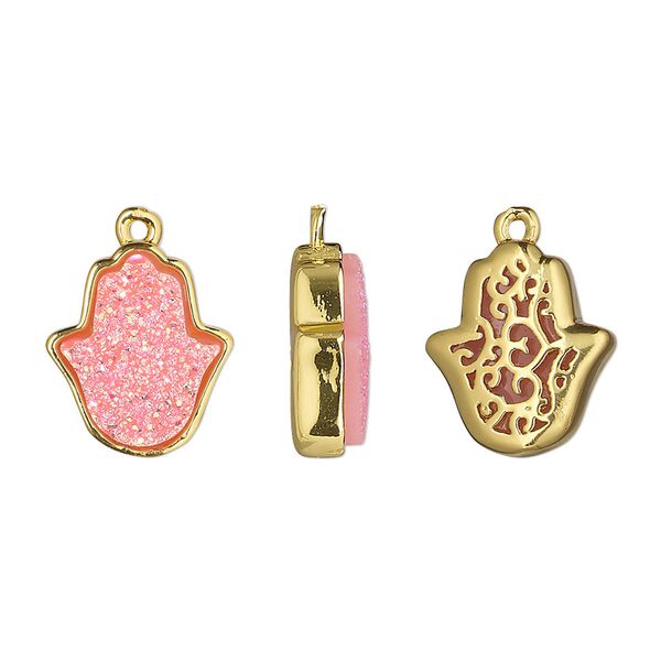 Drop, Druzylite™, "druzy" (resin) and gold-finished brass, pink, 14x12.5mm two-sided Hamsa hand with open filigree back. Sold per pkg of 4. image number 0