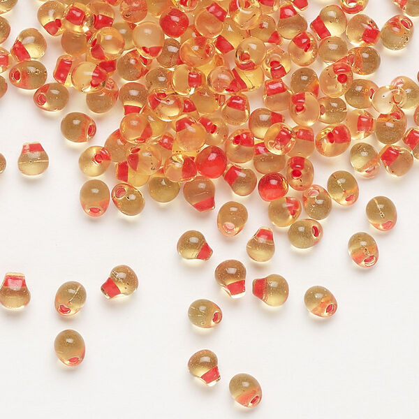 Seed bead, Miyuki, glass, pkg/10g, 4x3.4mm fringe, transparent red inside dyed color gold (DPF-4). image number 0
