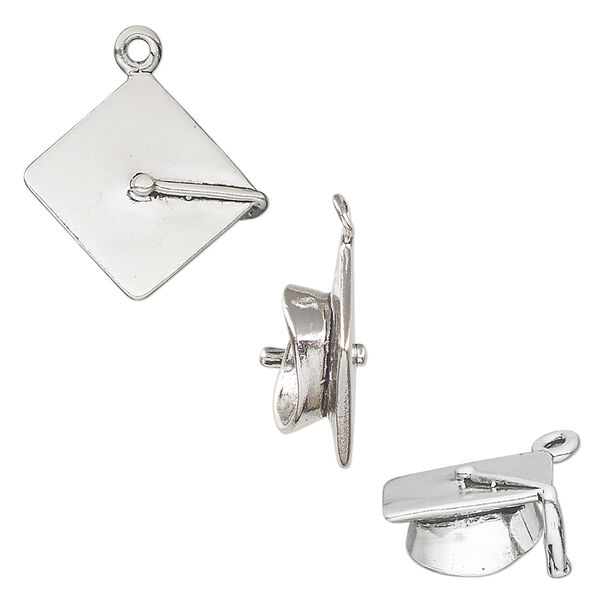Charm, sterling silver, 18x17mm 3D graduation cap. Sold individually. image number 0