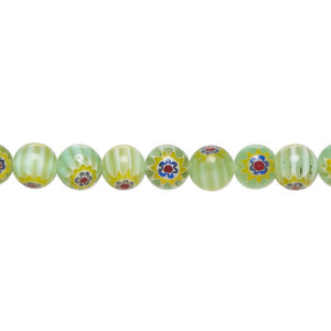 Bead, millefiori glass 1pkg1, translucent teal green / blue / red, 6mm round, 15 inches.