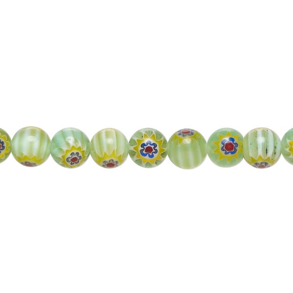 Bead, millefiori glass 1pkg1, translucent teal green / blue / red, 6mm round, 15 inches. image number 0