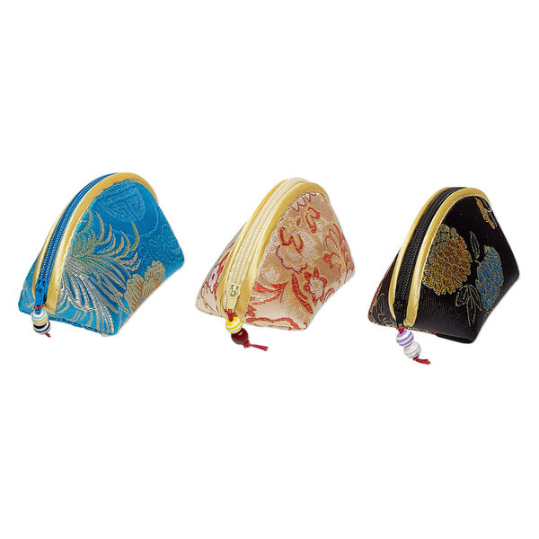 Pouch mix, polyester / nylon / resin, multicolored, 5 x 3 x 3 inches with flower design and zipper closure. Sold per pkg of 3. image number 0