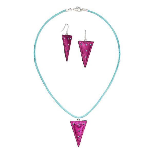 Necklace and earring set, One of a Kind Jewelry, silver-plated brass / plastic / silk, aqua and fuchsia, 18 inches. Only one available. image number 0