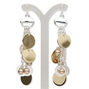 Earring, acrylic with gold- and silver-finished steel, brown, 3-1/4 inches with flat round and fishhook ear wire. Sold per pair.