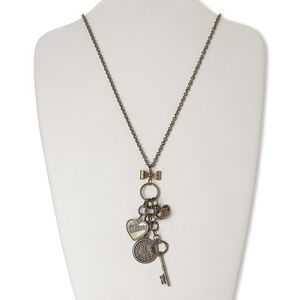 Necklace, glass rhinestone / antique brass-finished brass / steel / "pewter" (zinc-based alloy), 4-1/4 inch dangle with key and heart, 26 inches with 3-inch extender chain and lobster claw clasp. Sold individually.