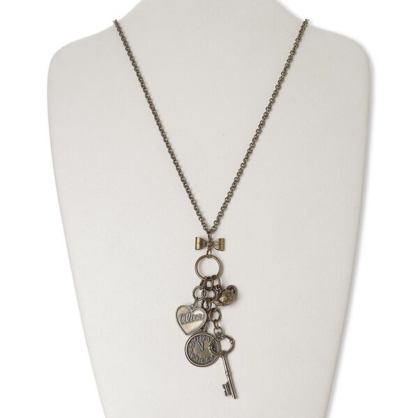 Necklace, glass rhinestone / antique brass-finished brass / steel / "pewter" (zinc-based alloy), 4-1/4 inch dangle with key and heart, 26 inches with 3-inch extender chain and lobster claw clasp. Sold individually. image number 0