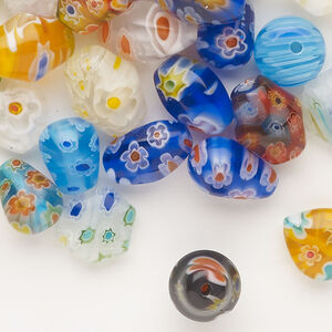 Bead mix, Millefiori glass 1pkg1, opaque and translucent mixed colors, 3mm-13x8mm mixed shapes, 2 ounces.