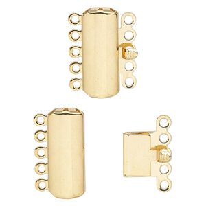 Clasp tab 1pkg10 gold-plated, 19x8mm curved rectangle, brass 5-strand