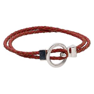 Bracelet, 2-strand, leather (dyed) and antique silver-finished "pewter" (zinc-based alloy), red, 6mm wide braided round, 7 inches with buckle-style closure. Sold individually.