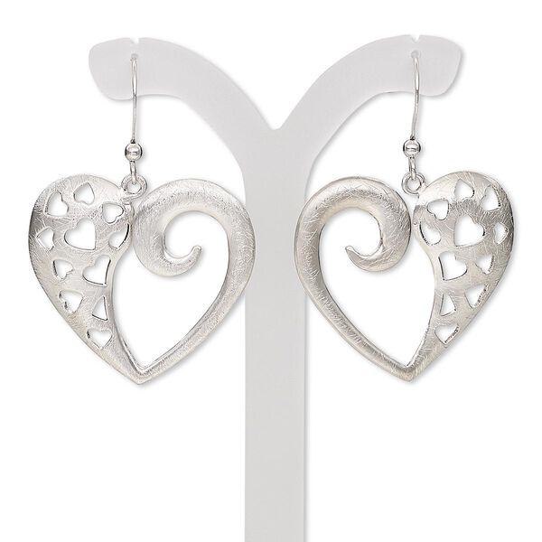 Earring, imitation rhodium-plated steel and brass, 38mm with brushed open heart and heart cutout design with fishhook ear wire. Sold per pair. image number 0
