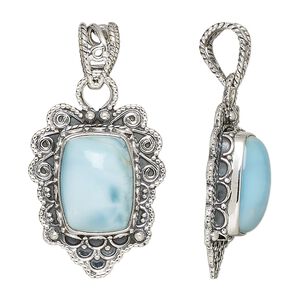 Pendant, larimar (natural) and antiqued sterling silver, 25.5x20mm with 14x10mm rectangle. Sold individually.