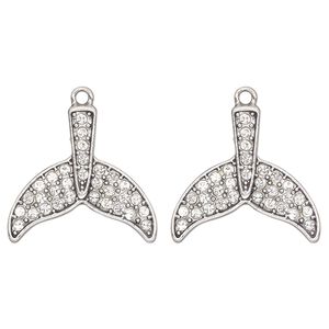 Charm, antique silver-finished "pewter" (zinc-based alloy) and glass, clear, 27x25mm single-sided whale tail. Sold per pkg of 2.