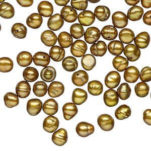 Pearl, cultured freshwater (dyed), golden olive, 5-6mm flat-sided potato, D grade, Mohs hardness 2-1/2 to 4. Sold per 15-inch strand.