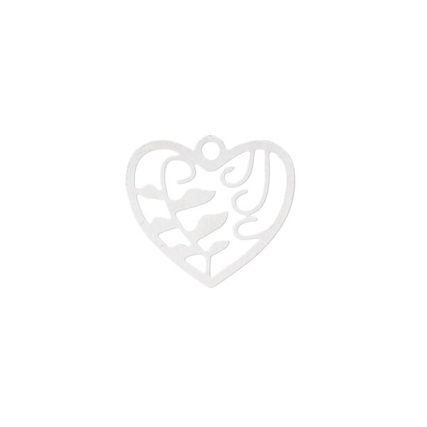 Charm, Lazer Lace™, stainless steel, 18x16mm two-sided heart with cutout leaf. Sold per pkg of 4. image number 0