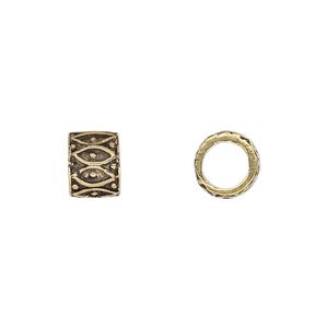 Bead, antique gold-finished brass, 9x7mm round tube with marquise design, 6mm hole. Sold per pkg of 6.