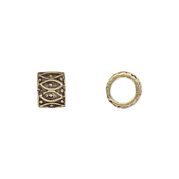 Bead, antique gold-finished brass, 9x7mm round tube with marquise design, 6mm hole. Sold per pkg of 6. image number 0