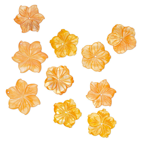 Focal and component mix, mother-of-pearl shell (dyed), orange, 24-32mm hand-carved flower, Mohs hardness 3-1/2. Sold per pkg of 10. image number 0