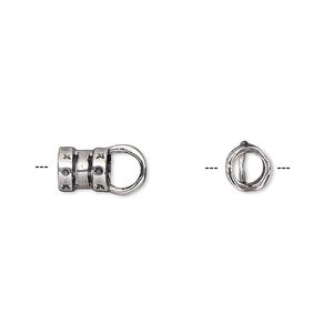 Crimp end, antique silver-plated brass, 6.5x6mm tube with loop, 3.8mm inside diameter. Sold per pkg of 2.