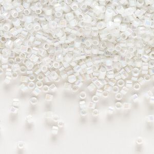 Seed bead, Delica®, glass, pkg/7.5g, #10 round, opaque rainbow white pearl (DBM-0202).