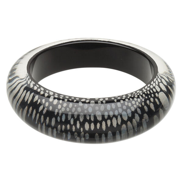 Bracelet, bangle, resin and polyester, clear / black / silver, 24mm wide with snakeskin design, 8 inches. Sold individually. image number 0