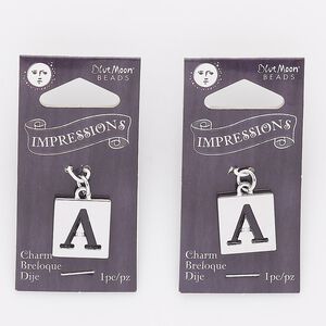 Drop, silver-finished "pewter" (zinc-based alloy) and steel, 16x15mm square with cutout alphabet letter "A." Sold per pkg of 2.