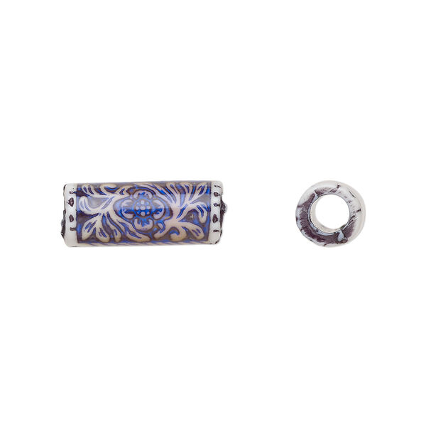 Bead, acrylic, opaque multicolored, 16.5x7mm color-changing round tube with fancy leaf design, 3.5mm hole. Sold per pkg of 4. image number 0